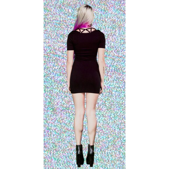 Vintage Lip Service Goth Punk Wicca Bodycon Studded Lattice Neck Mini Dress L - Picture 12 of 12
